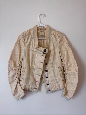 Marithe Francois Girbaud Yellow Striped Long Sleeve Button Denim Jacket | Size S